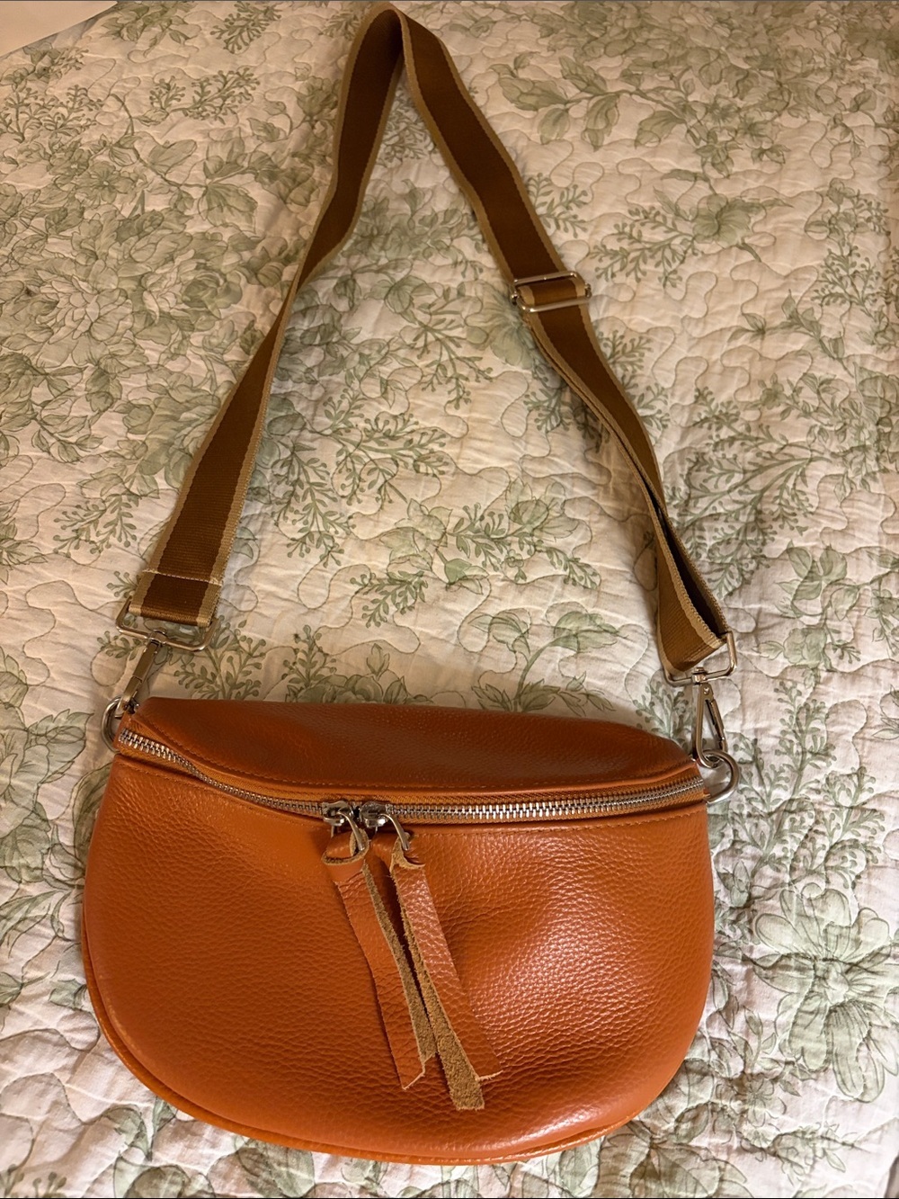 Sporty Genuine leather Caramel crossbody camera bag/adjustable upgraded strap.